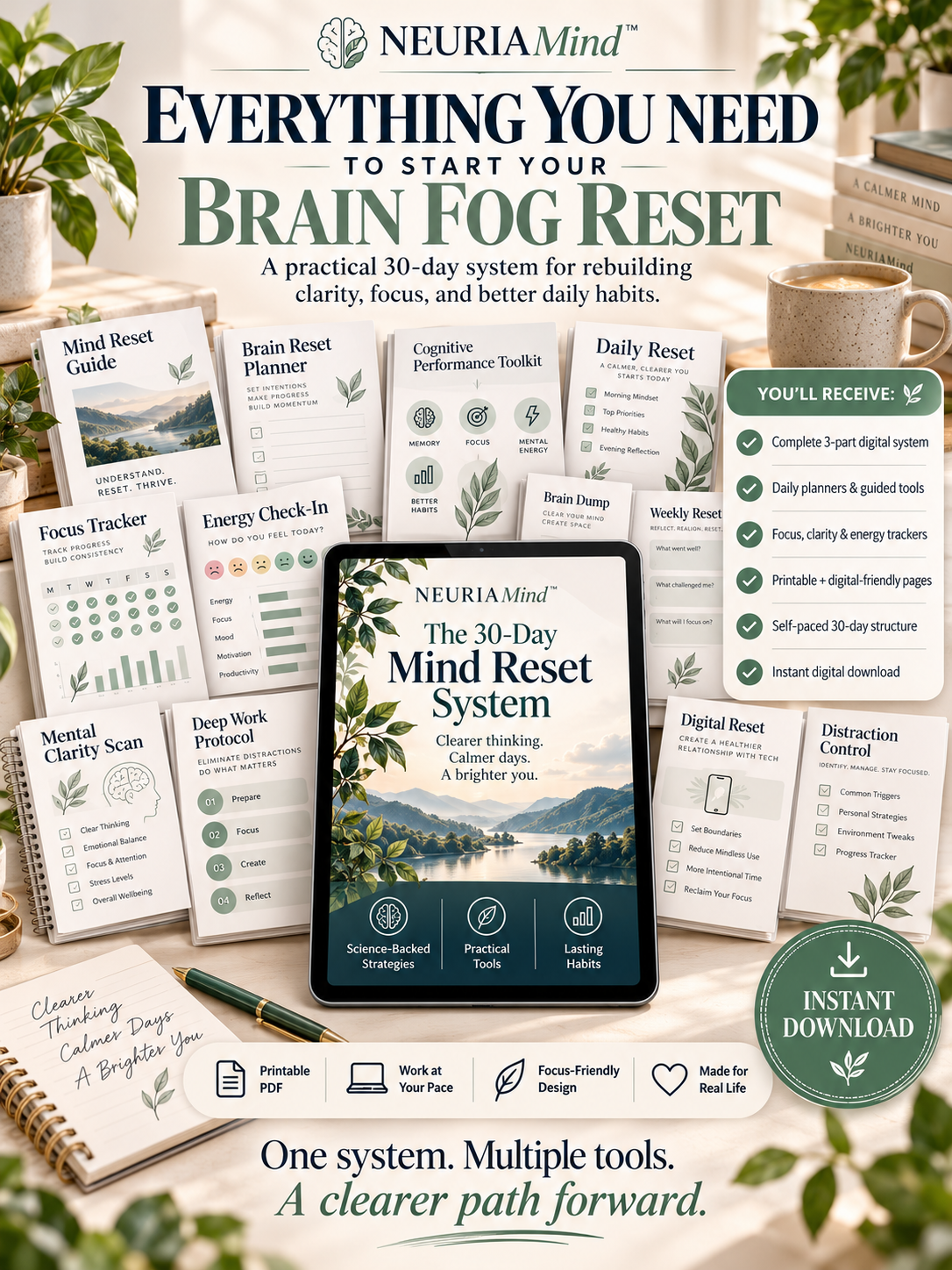 "Do you struggle to think clearly? Your 'Brain Fog Reset' journey starts here." Discover a practical 30-day system designed to help you build better focus habits, manage mental distractions, and create a clearer daily routine.